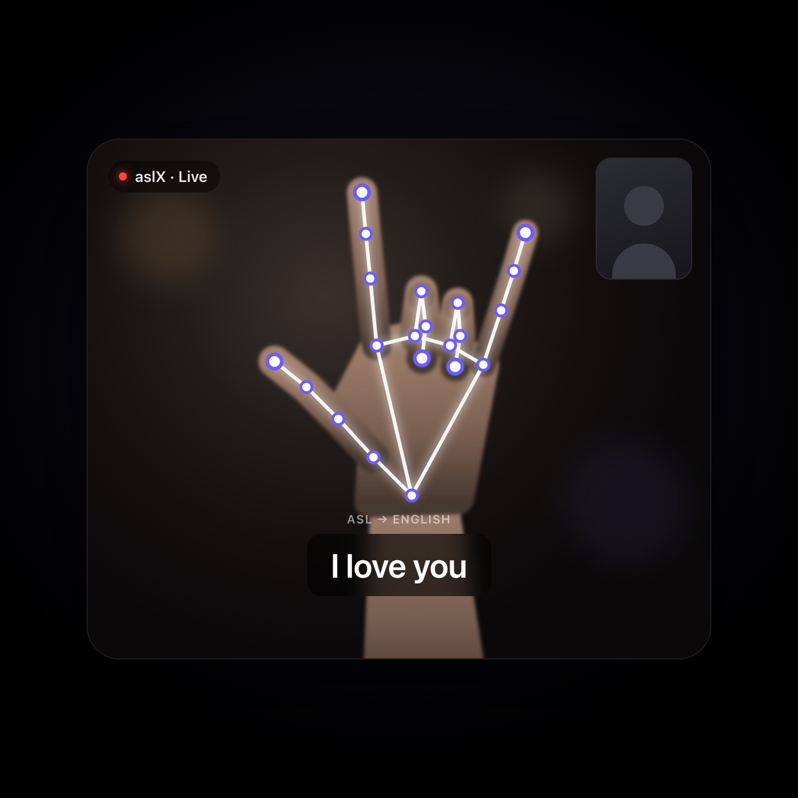 aslX tracking a hand signing "I love you" on a video call, with a live caption
