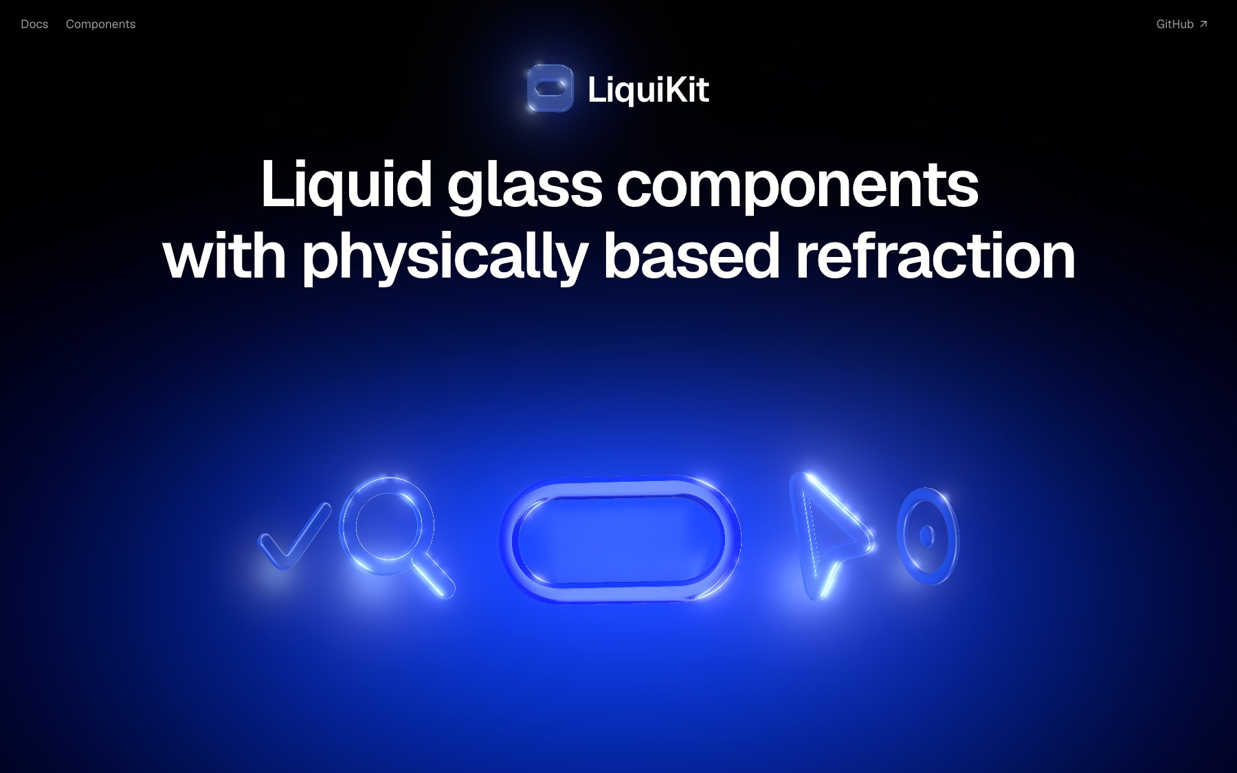 LiquiKit landing page: liquid glass components with physically based refraction